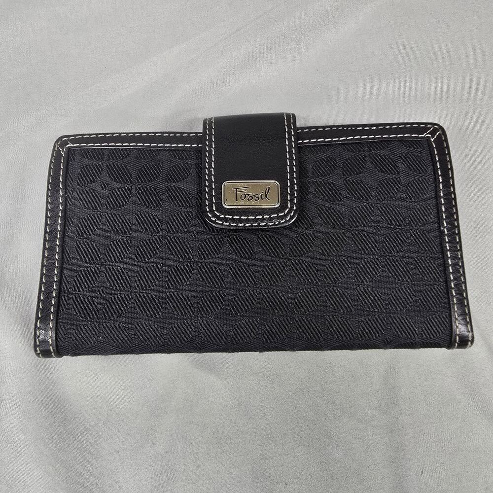 Fossil SL2495 Black Signature Canvas Bifold Wallet Leather Trim Monogram